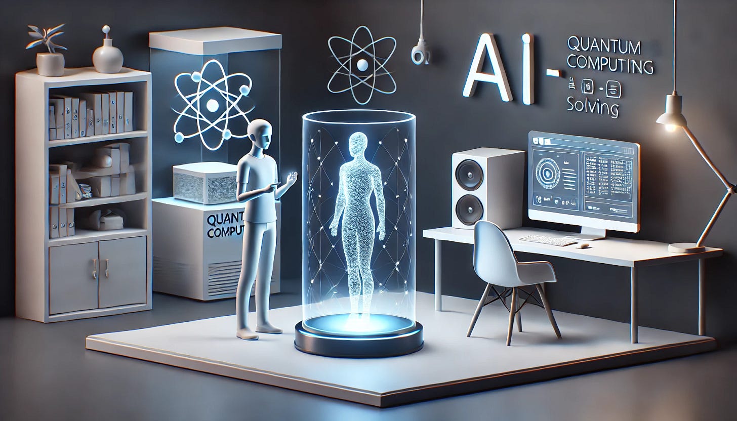 A simple futuristic scene illustrating the integration of quantum computing and AI benefiting people's lives. The image features a minimalistic setup with a person using a holographic AI assistant, and a quantum computer in the background solving tasks. The atmosphere is calm and sleek, showing a clear connection between advanced technology and everyday well-being, such as easy access to information and problem-solving tools. A simple futuristic scene illustrating the integration of quantum computing and AI benefiting people's lives. The image features a minimalistic setup with a person using a holographic AI assistant, and a quantum computer in the background solving tasks. The atmosphere is calm and sleek, showing a clear connection between advanced technology and everyday well-being, such as easy access to information and problem-solving tools.