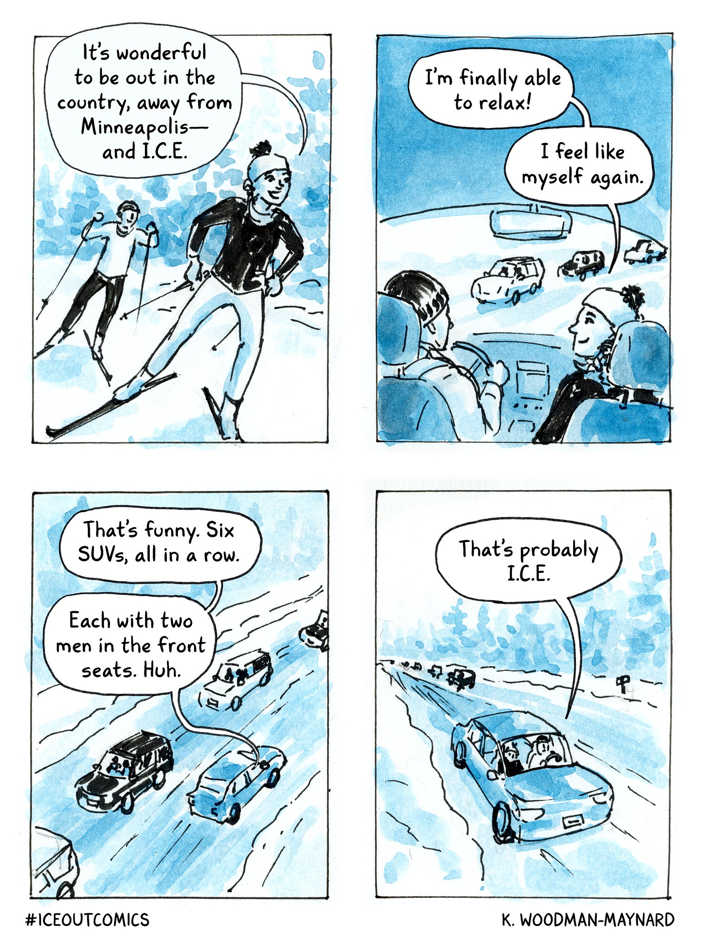   Watercolor comic by graphic novelist K.Woodman-Maynard about the #ICEout comics movement on Instagram. 