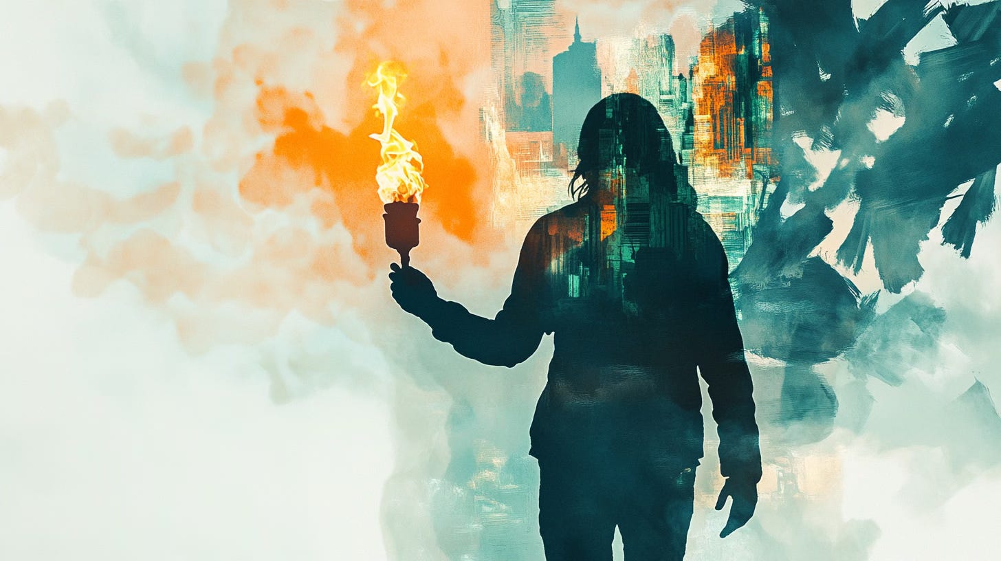 A woman carries a torch into the city.