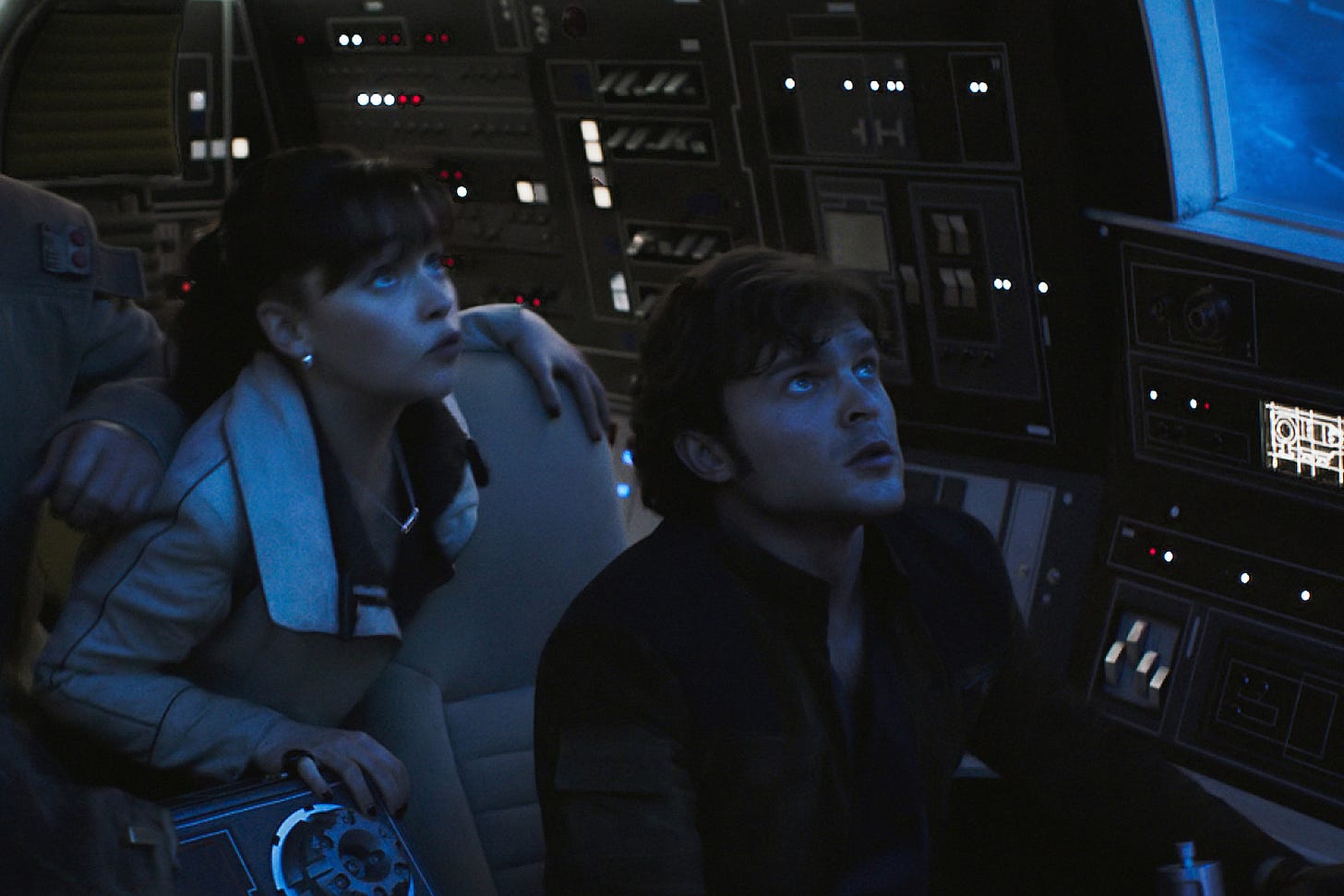 Qi'ra and Han Solo piloting the Millennium Falcon through the Kessel Run in Solo: A Star Wars Story