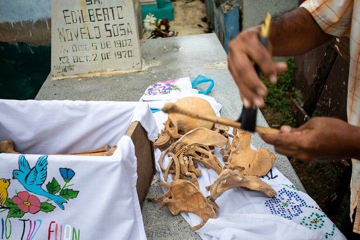 don venancio, poomuch resident, introducing the local dia de muertos tradition, when people clean and display the remains of their dead belooved ones.