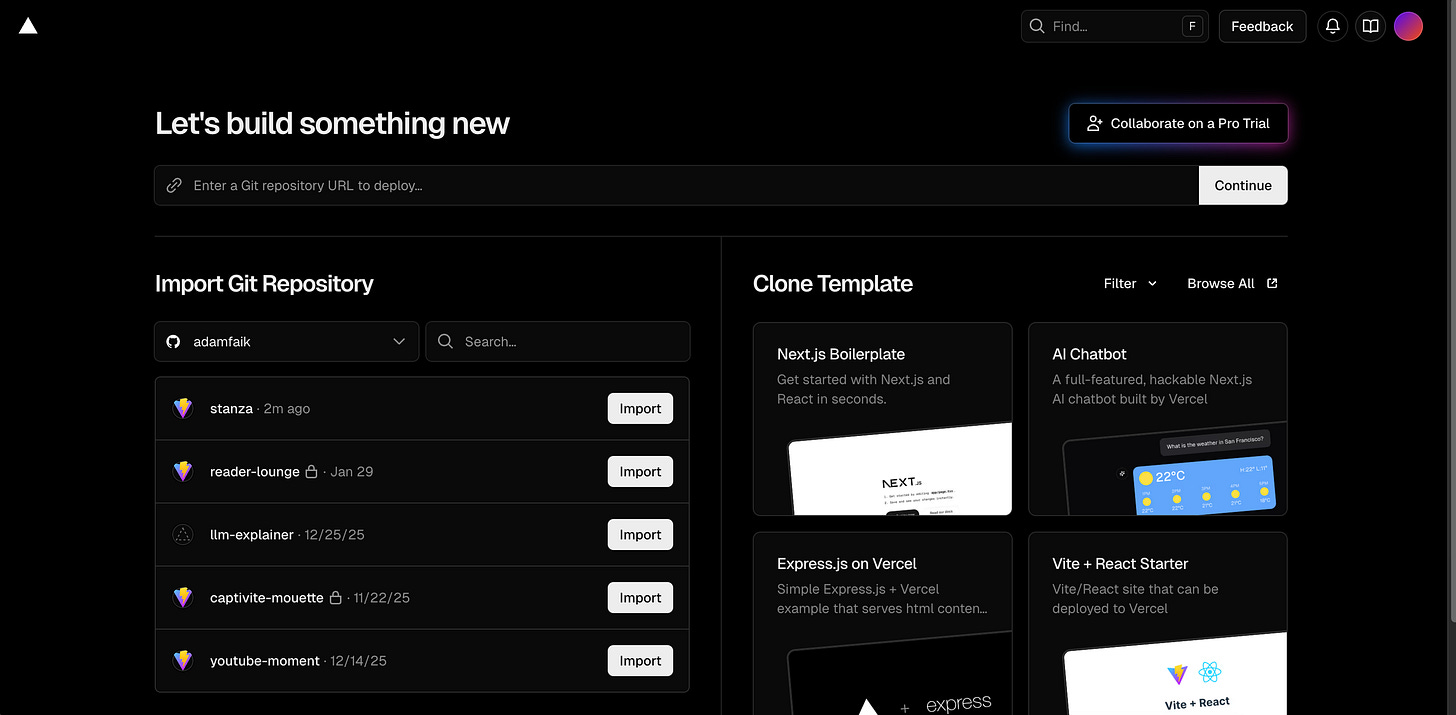 The Vercel dashboard displays a list of Git repositories with an Import button next to the stanza project. The Vercel dashboard displays a list of Git repositories with an Import button next to the stanza project.