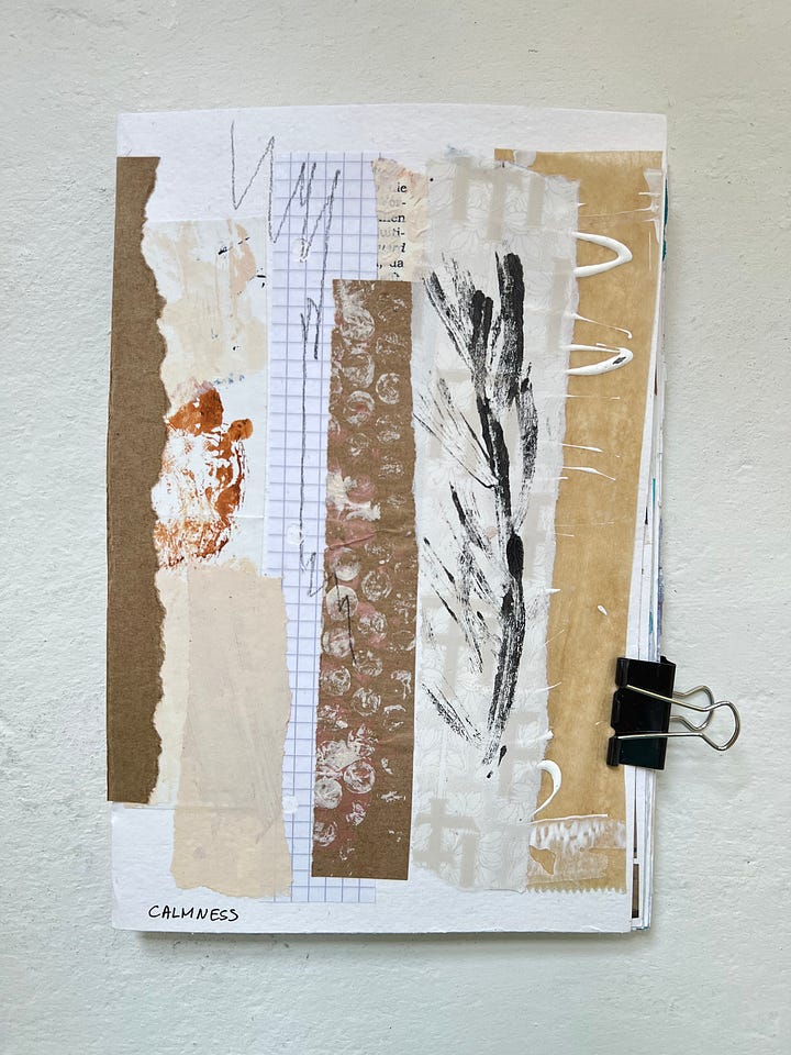 Mixed media collage in a sketchbook and a larger collage on A3 paper