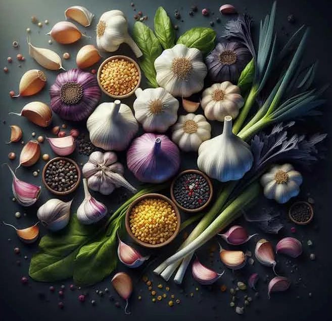 A group of garlics and spices

AI-generated content may be incorrect.