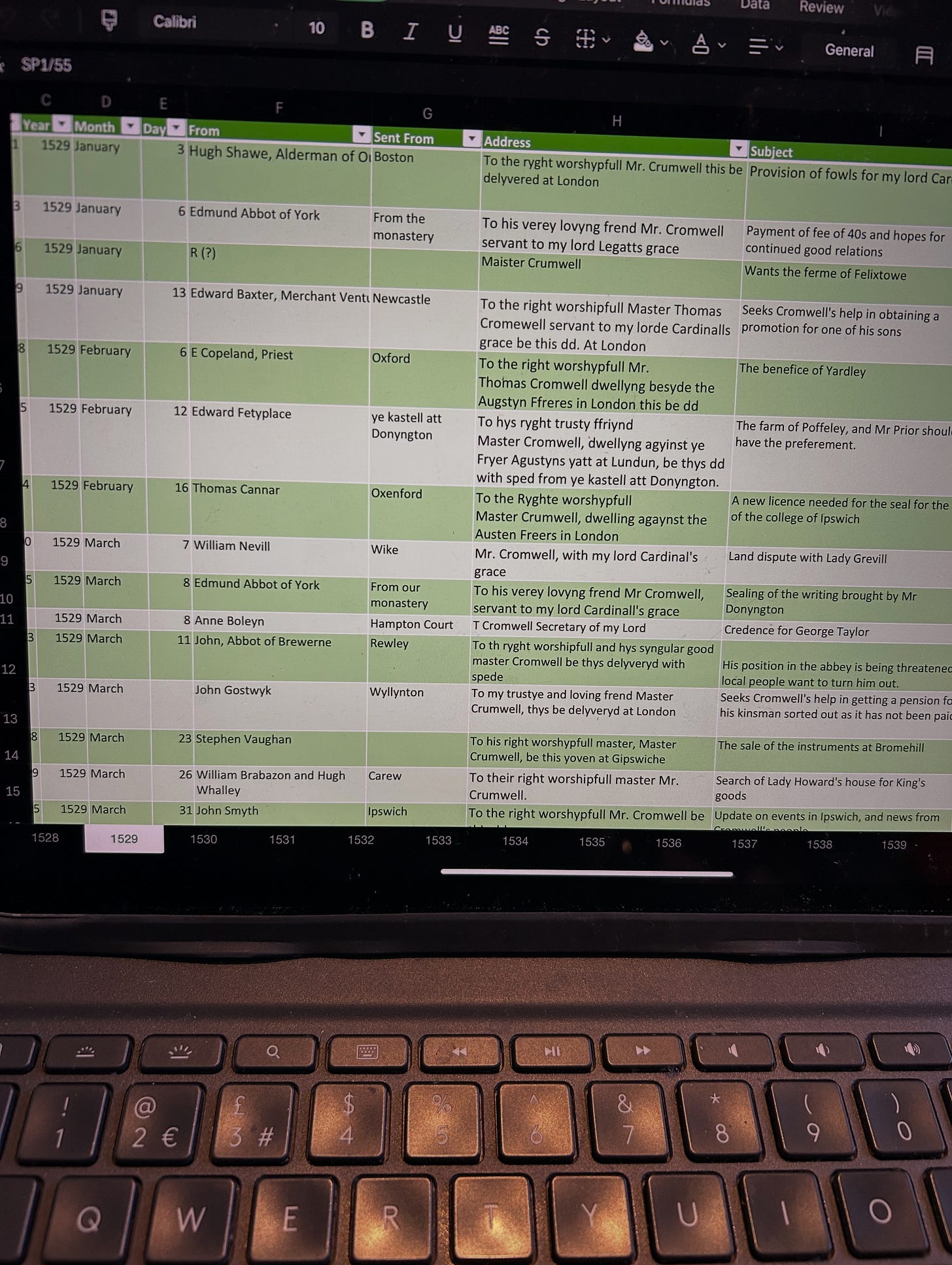 A laptop screen showing a database of Cromwell correspondence.