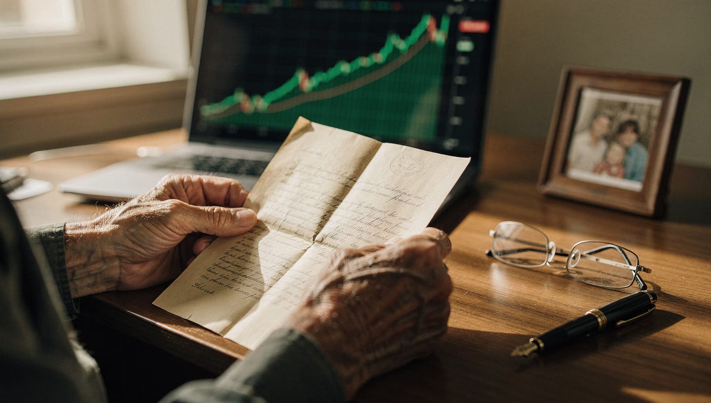 Photorealistic editorial photograph. An elderly person's hands, wrinkled and gentle, holding a folded paper document — a will or inheritance letter — with a blurred laptop screen in the background showing a green upward stock market chart. On the wooden desk beside them: a pair of reading glasses, a vintage pen, and a small framed family photo slightly out of focus. The scene feels quiet, intimate, and timeless. Warm natural light coming from a window on the left. Shallow depth of field. Muted tones: warm creams, soft greens, aged paper whites. No text visible, no logos, no phones. Wide 16:9 aspect ratio. Professional financial editorial photography style.