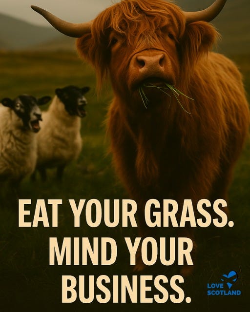 May be an image of grass and text that says "EAT YOUR GRASS. MIND YOUR BUSINESS. LOVE SCOTLAND"