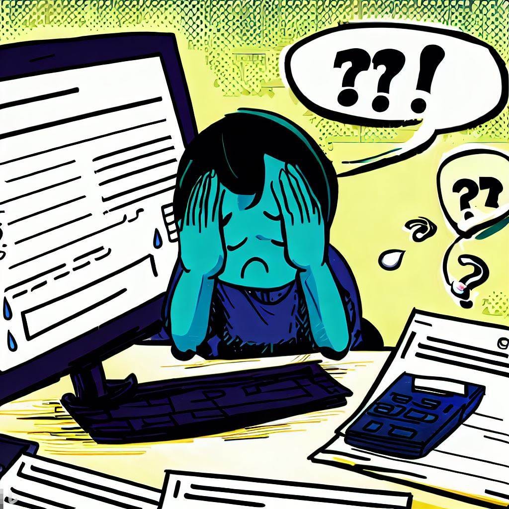 Eine Comiczeichnung von einer Person, die traurig an einem Schreibtisch sitzt. Auf dem Schreibtisch steht ein Computerbildschirm mit einem Online-Formular. Auf dem Tisch liegen Formulare, Papiere und ein Taschenrechner. In einer Sprechblase sind Fragezeichen zu sehen.