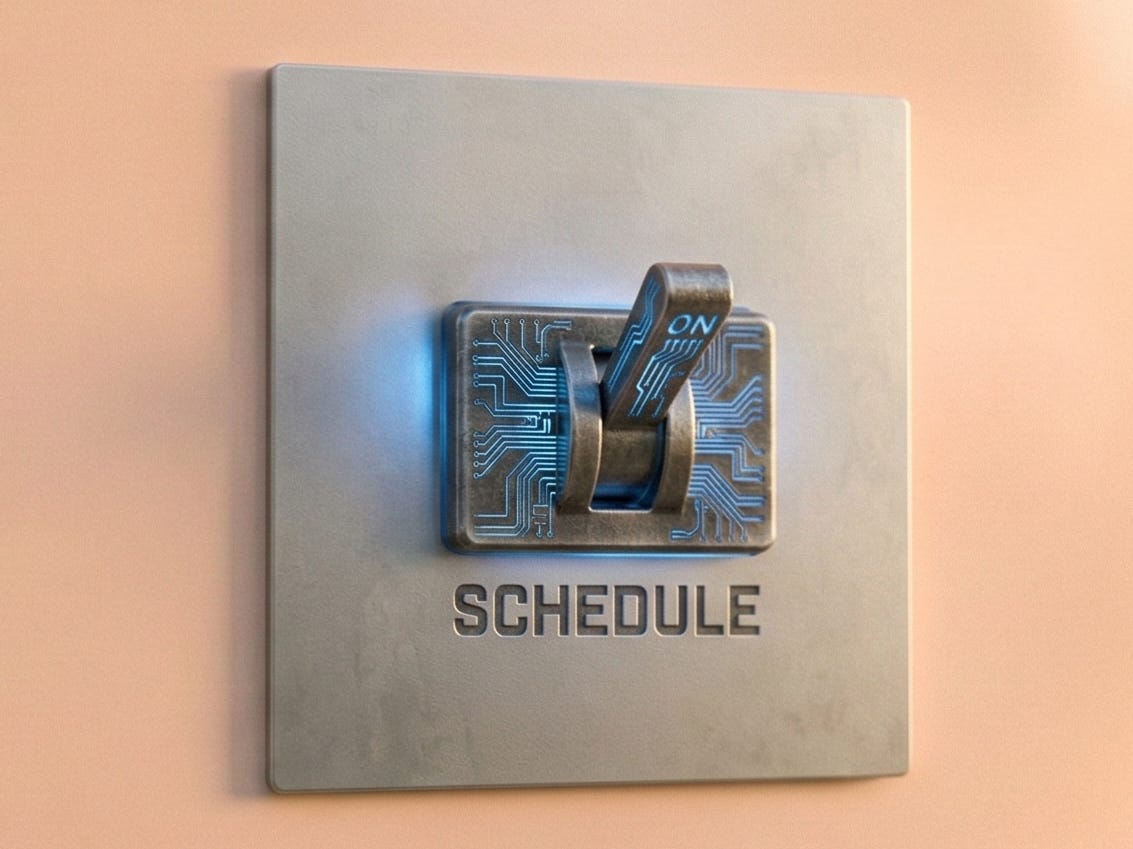An industrial metal toggle switch flipped to the ON position with glowing blue circuit traces and "SCHEDULE" engraved below, symbolizing Claude Desktop's automated Cowork scheduled tasks — AI scheduling for leaders | Leadership in Change by Joel Salinas An industrial metal toggle switch flipped to the ON position with glowing blue circuit traces and "SCHEDULE" engraved below, symbolizing Claude Desktop's automated Cowork scheduled tasks — AI scheduling for leaders | Leadership in Change by Joel Salinas