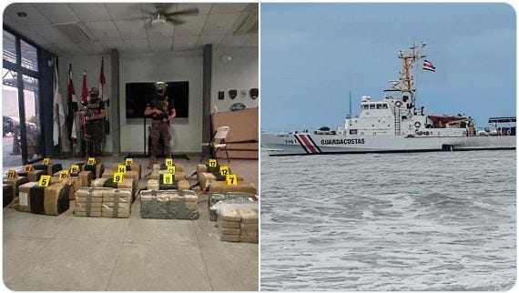 Costa Rica's Coast Guard arrested four smugglers from three different countries and seized 415 cocaine packages aboard a boat in the Pacific