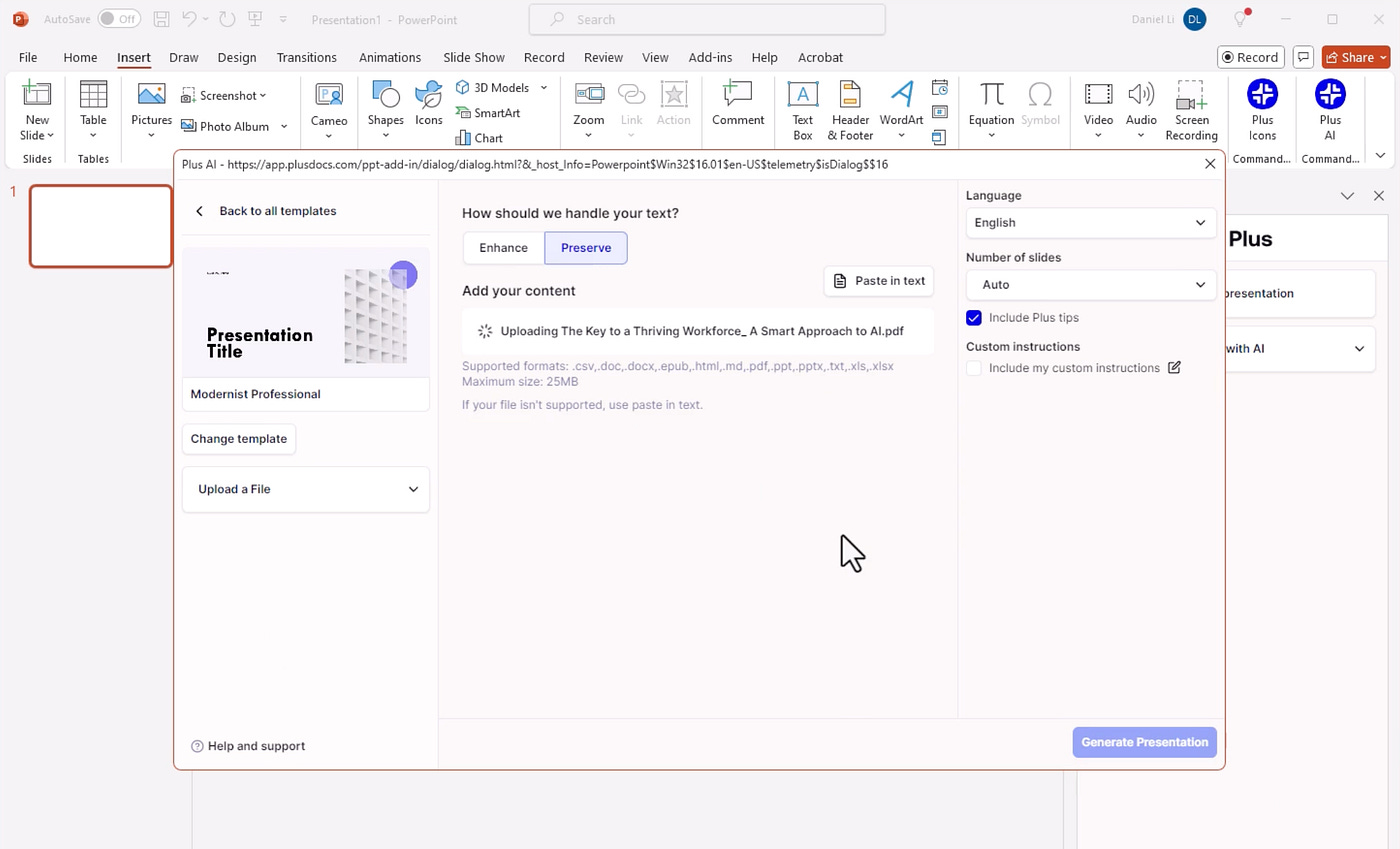 Plus AI slide generator example. Image by Jim Clyde Monge
