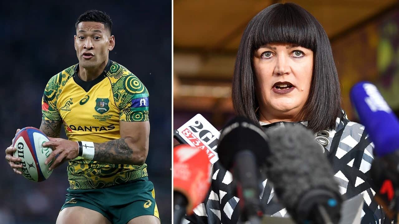 Israel Folau and Rugby Australia CEO Raelene Castle.