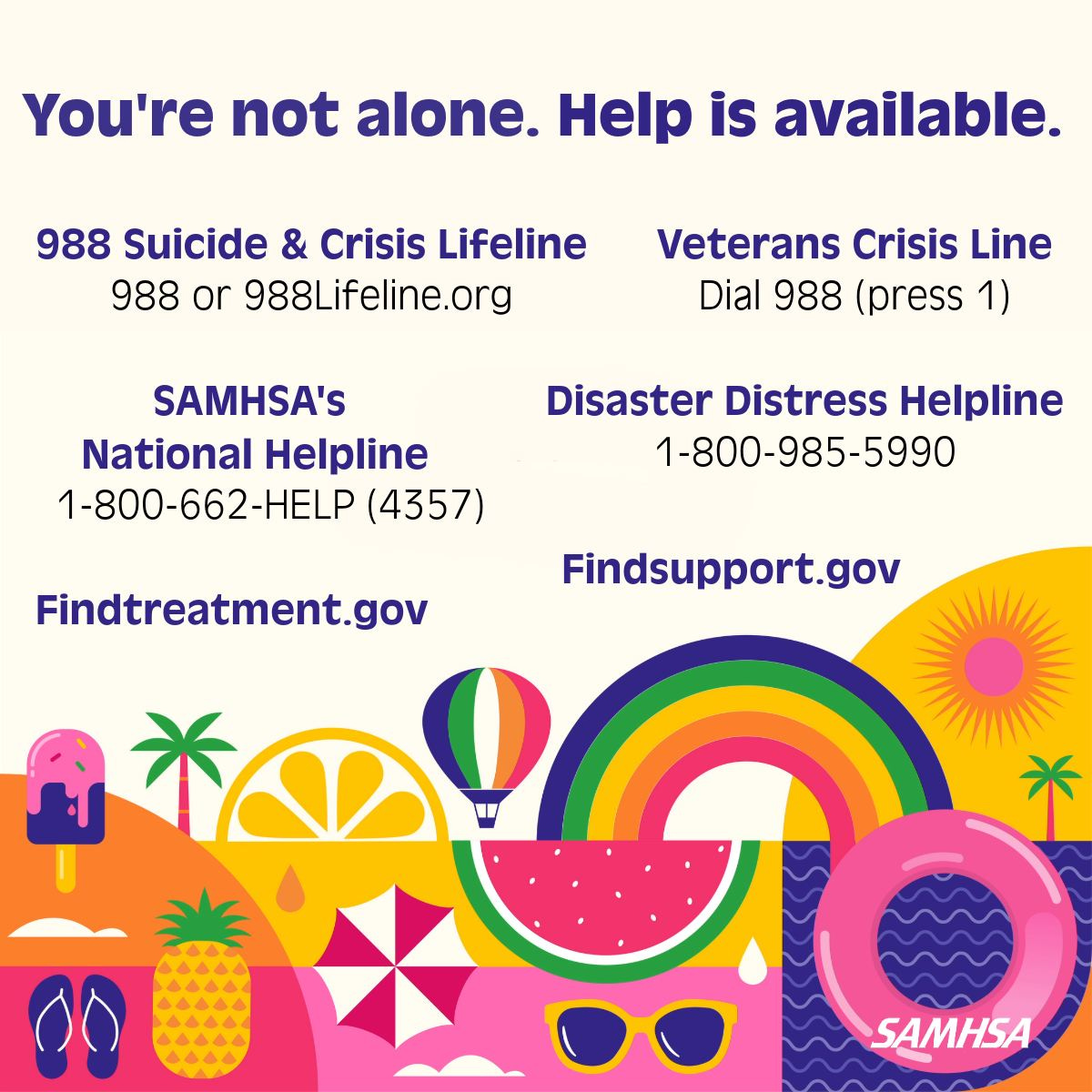 Colorful graphic promoting support with contact information featuring bright illustrations of the sun, fruits, and a hot air balloon.