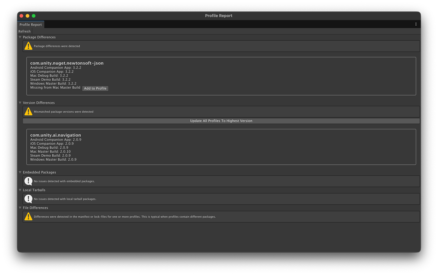 A screenshot showing the Profile Report view from the Package Profiles asset