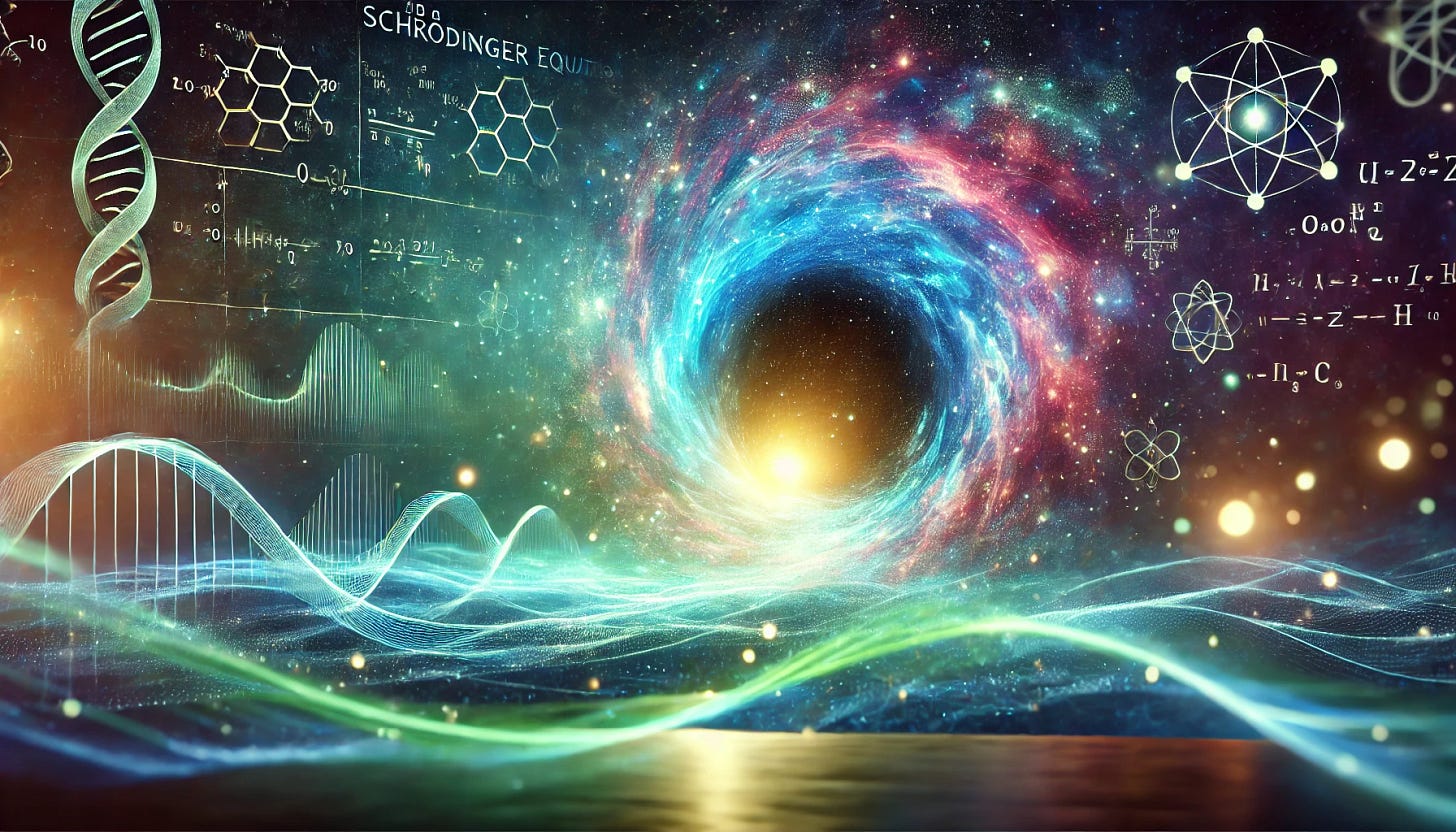 A visually stunning 16:9 cover image that embodies the theme of a journey into deep ideas, blending quantum physics and spirituality. The scene showcases a vibrant rabbit hole in the foreground, its edges glowing with ethereal blue and green light, leading into an infinite cosmos. The rabbit hole opens into a swirling galaxy filled with shimmering stars, mathematical symbols, and waveforms. Subtle elements like the Schrödinger equation and abstract representations of quantum particles blend seamlessly with a mystical glow, creating a bridge between science and metaphysical wonder. The atmosphere should evoke curiosity, discovery, and awe.