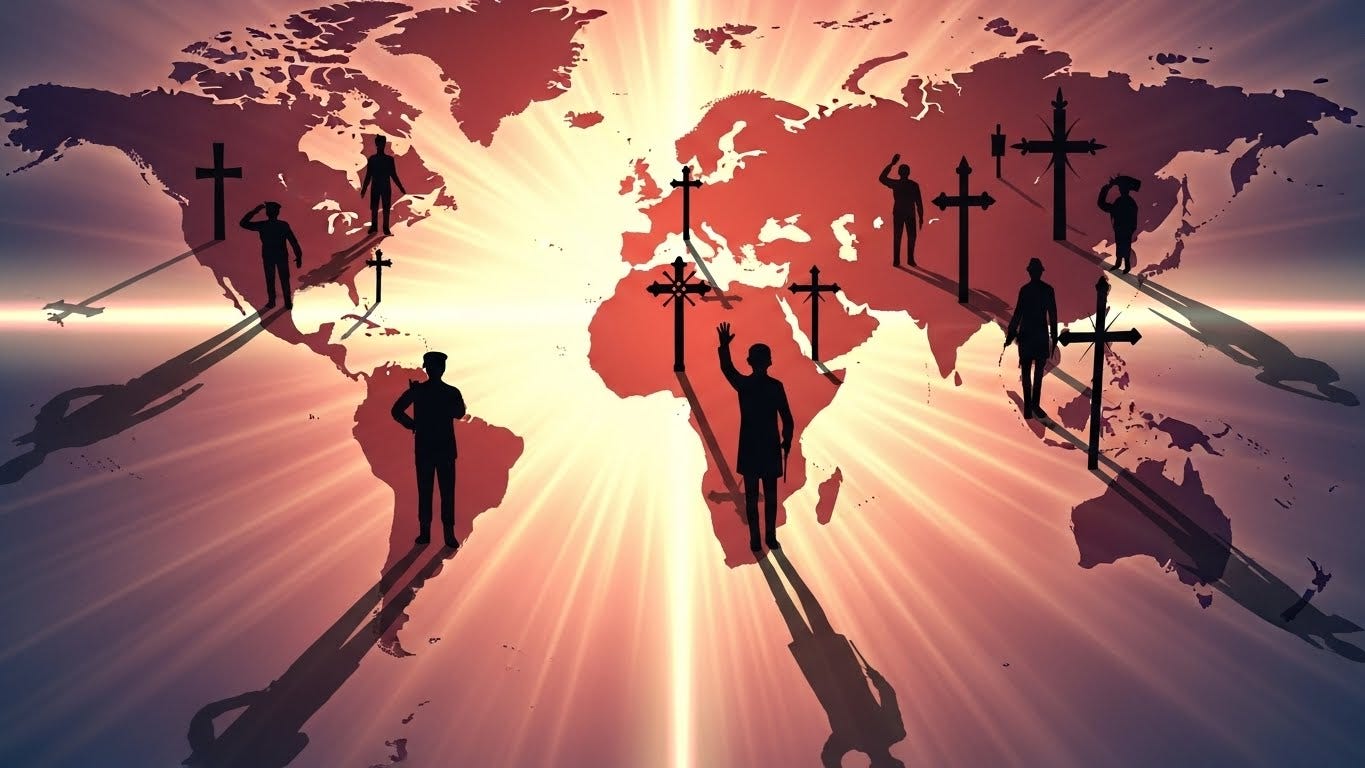 Crosses representing political power rise across continents, symbolizing the global spread of Christian nationalism. Crosses representing political power rise across continents, symbolizing the global spread of Christian nationalism.