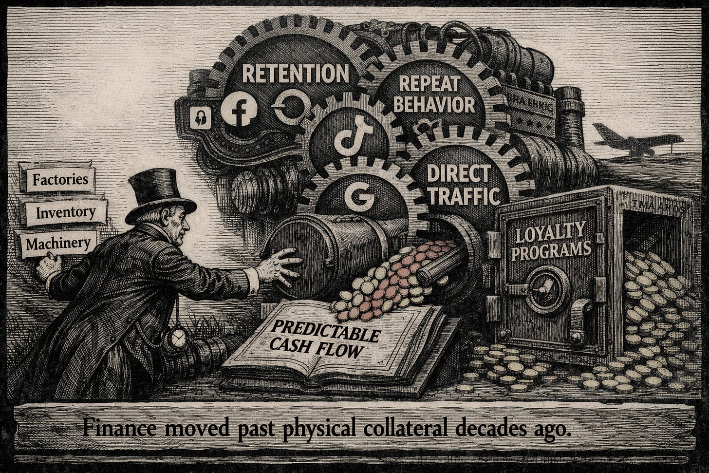 Editorial engraving illustrating non-physical collateral in creator credit, including content catalogs, intellectual property, contracted revenue, and first-party audience data used in cash-flow lending structures.