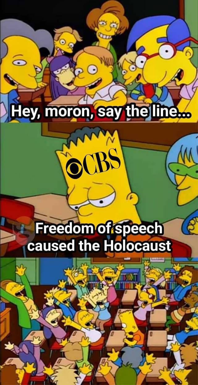 May be an image of text that says 'Hey, moron, say the line... OCBS Freedom reedomoftspeech ofispeech caused the Holocaust 0អ"11ថ0 GRRSTUM'