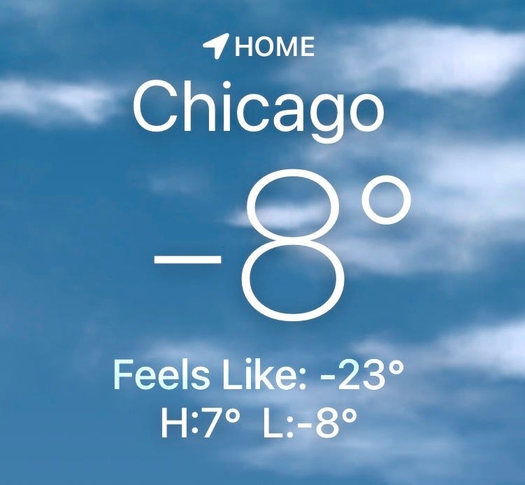 Weather app screenshot showing the temperature in Chicago is -8 degrees