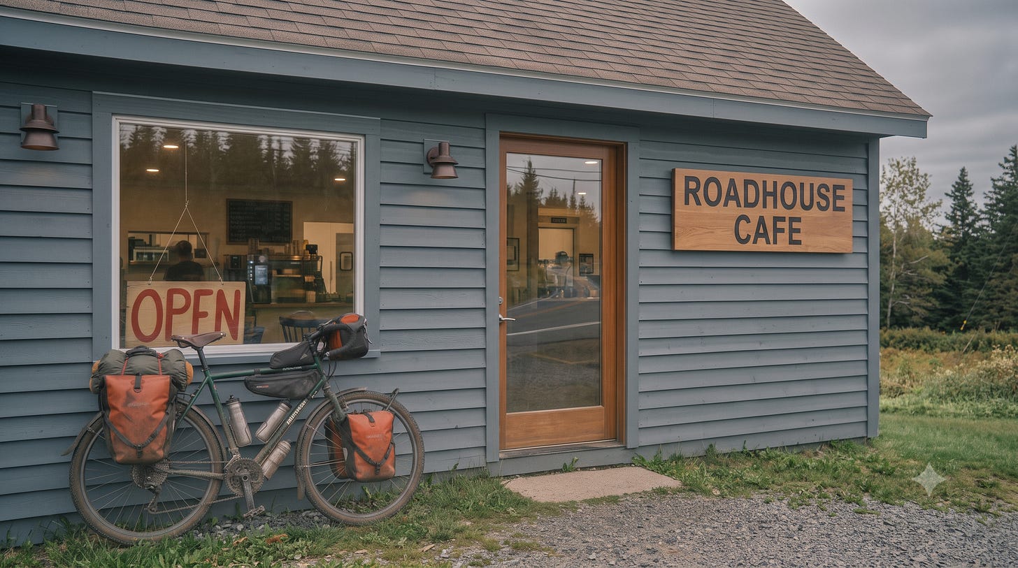 touring bike parked outside a diner.