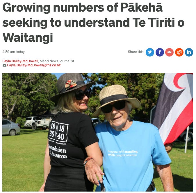Headline: "Growing numbers of Pākehā seeking to understand Te Tiriti o Waitangi."