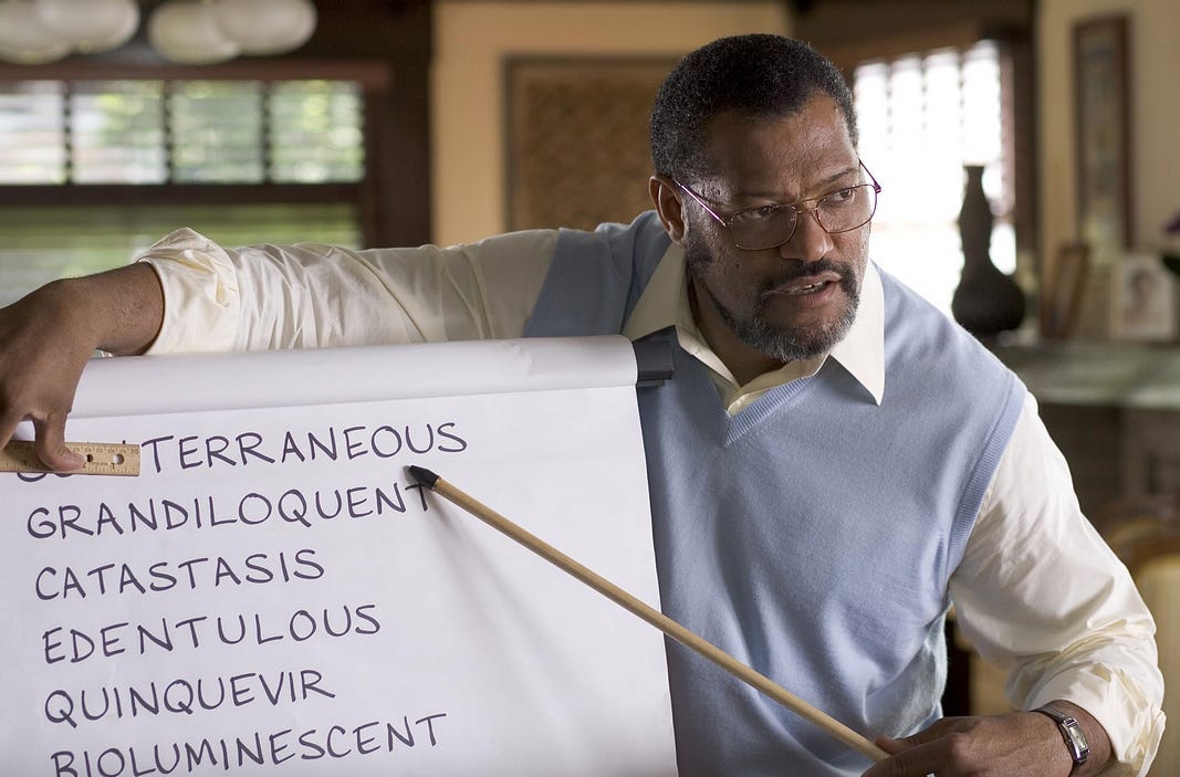 Image of Lawrence Fishburne demonstrating how words can be broken down Image of Lawrence Fishburne demonstrating how words can be broken down