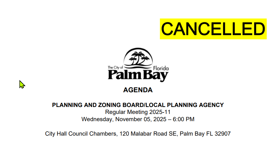 Notice of cancellation for the Palm Bay Planning and Zoning Board/Local Planning Agency regular meeting scheduled for November 5, 2025, at City Hall Council Chambers. The word 'CANCELLED' is highlighted in yellow at the top right of the agenda.