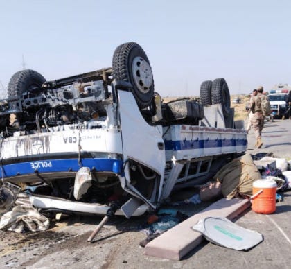 Pakistani police truck which was hit in the suicide bombing attack 