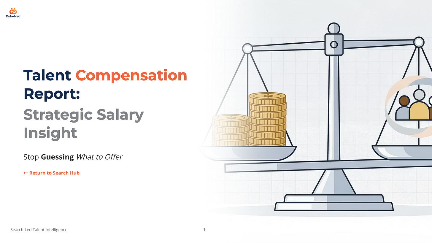 Talent Compensation Report cover slide showing a scales illustration balancing salary stacks against candidate profiles, representing offer calibration intelligence.