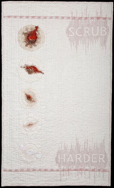 This may contain: a piece of cloth with red and white designs on it that says, scrubbing