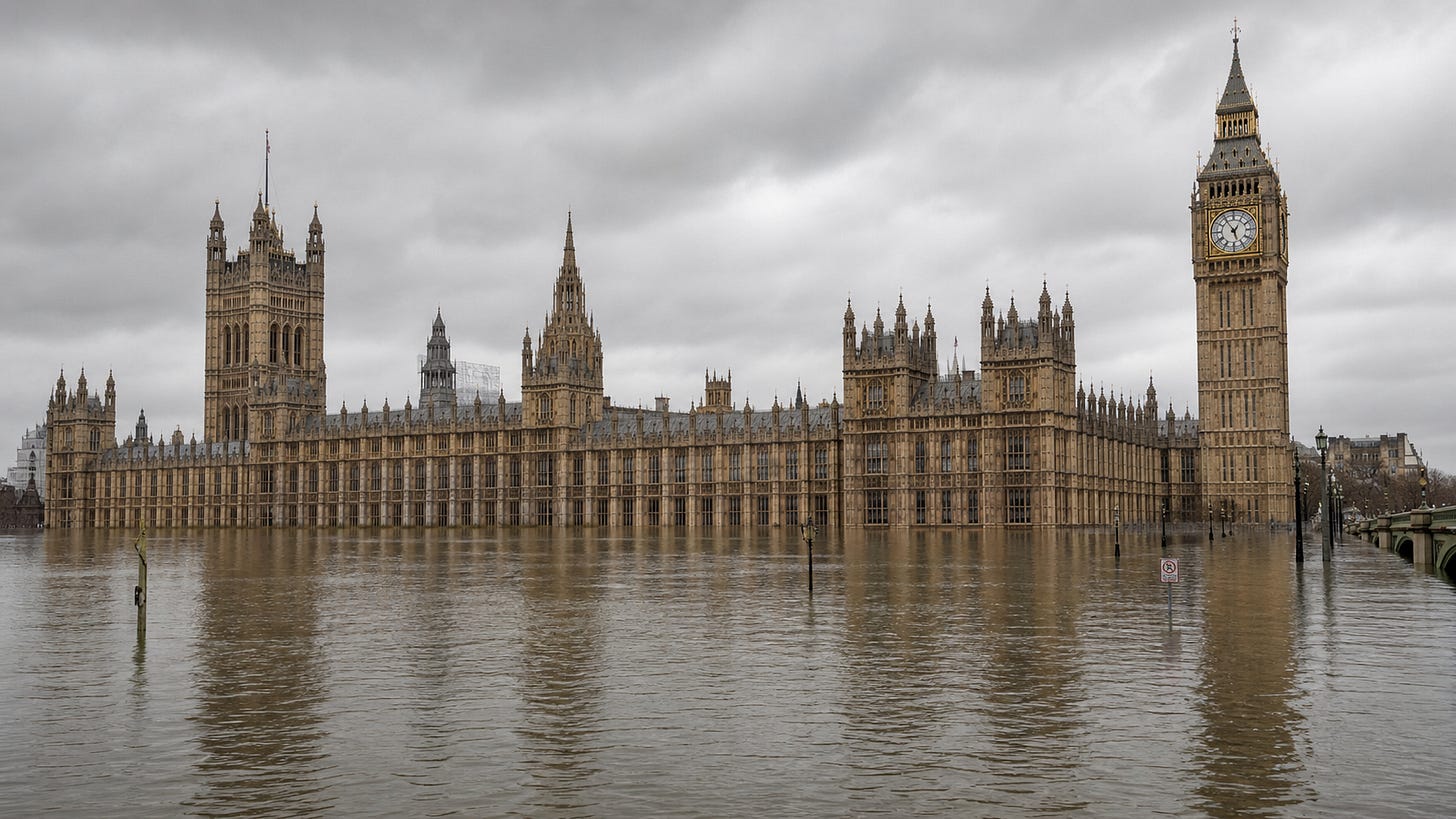 Photorealistic flooded Houses of Parliament after two meters of sea level rise.