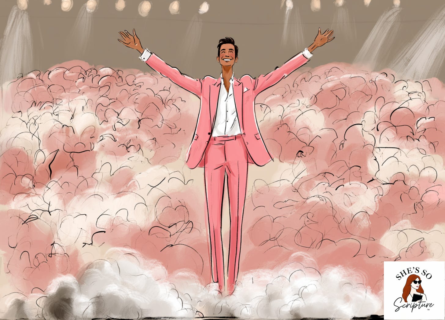  Illustrated prosperity preacher in an expensive suit standing in front of a large gleaming megachurch with dramatic lighting and fog at his feet, whimsical watercolor style in blush pink and cream tones