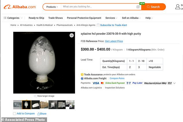 This April 16, 2020 image from a website shows an offer for the chemical xylazine made in China. According to C4ADS, a Washington research group, the price of the chemical, which can be used as a cutting agent for heroin, has risen since late February 2020. (AP Photo) This April 16, 2020 image from a website shows an offer for the chemical xylazine made in China. According to C4ADS, a Washington research group, the price of the chemical, which can be used as a cutting agent for heroin, has risen since late February 2020. (AP Photo)