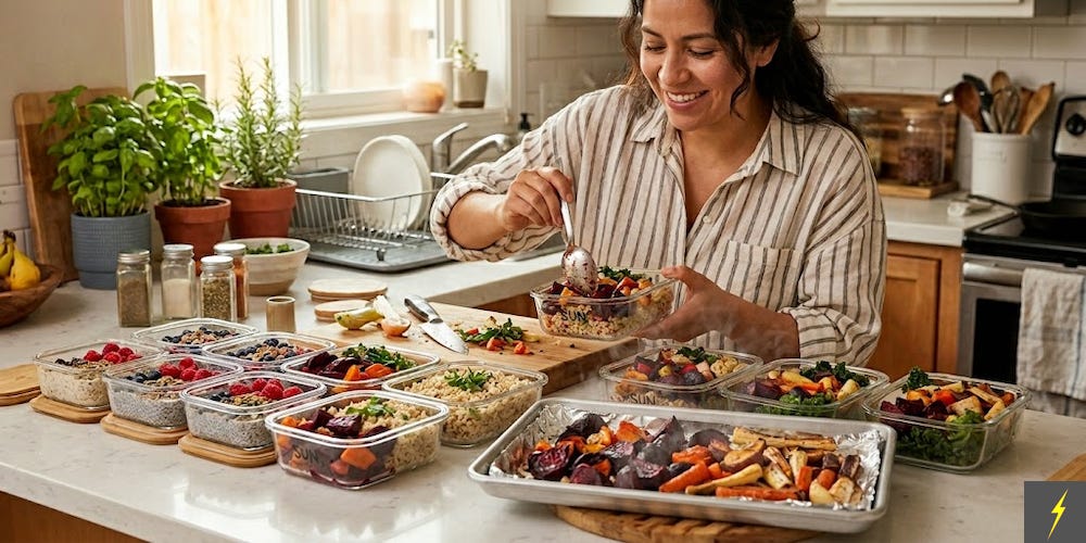 Woman meal-prepping healthy fit meals with overnight oats, roasted red beets and root vegetables with brown rice for budget-friendly family meals and lasting energy. A sheet pan of freshly roasted beets and vegetables sits in the foreground, time-efficient batch-cooking for athletes, active families, and anyone seeking affordable, nutrient-dense meals. Explore meal-prep inspiration, fit-food ideas, and smart grocery strategies designed to save time, reduce food waste, and simplify healthy eating at www.AthleteMealPrep.com