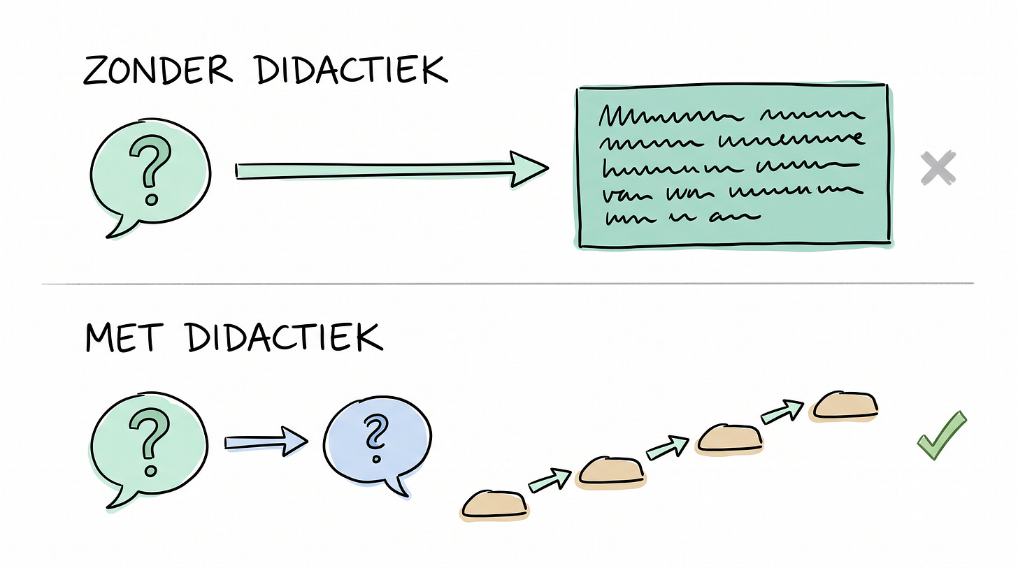 Whiteboardschets met bovenin een vraag die in één pijl een volgeschreven blok terugkrijgt en onderin dezelfde vraag die een wedervraag terugkrijgt en daarna een reeks kleine stapjes