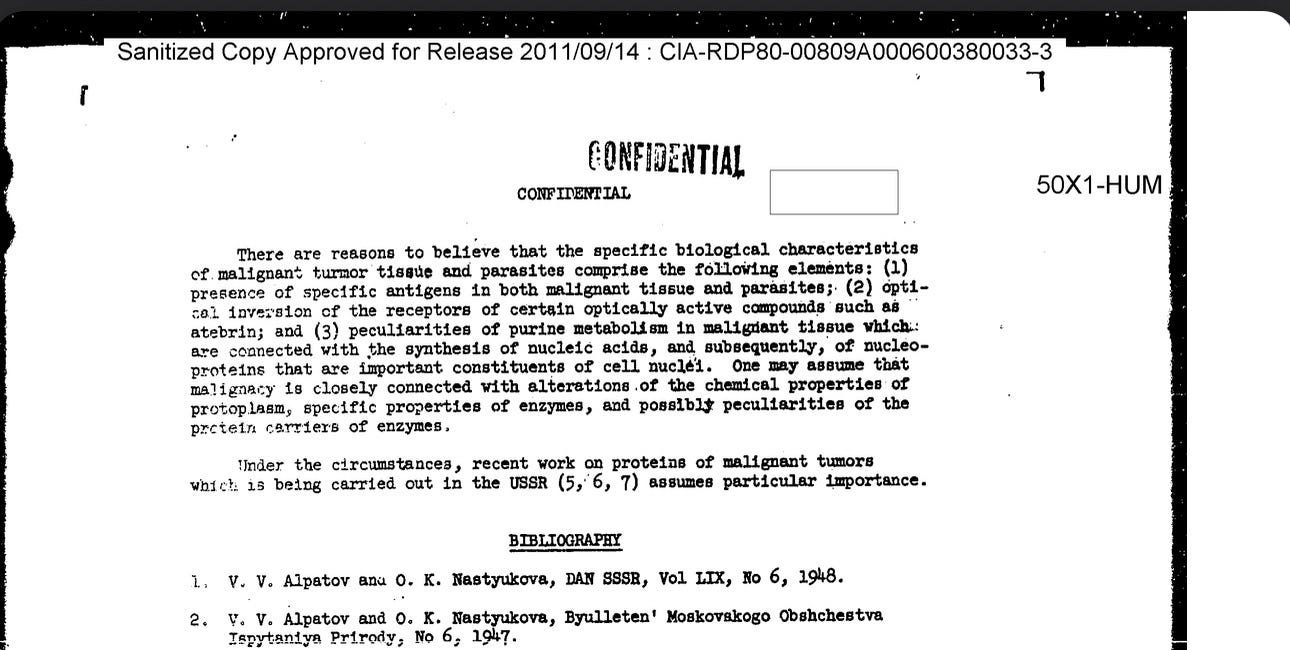 DECLASSIFIED CIA REPORT: BIOCHEMICAL RESEMBLANCE BETWEEN ENDOPARASITES AND MALIGNANT TUMORS