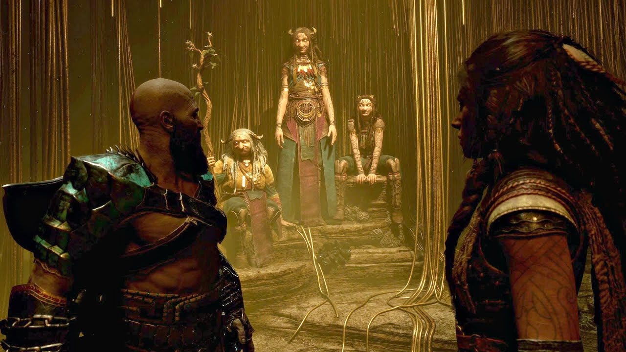 Kratos, the Norns, and Freya from God of War: Ragnarok game in the Norns lair