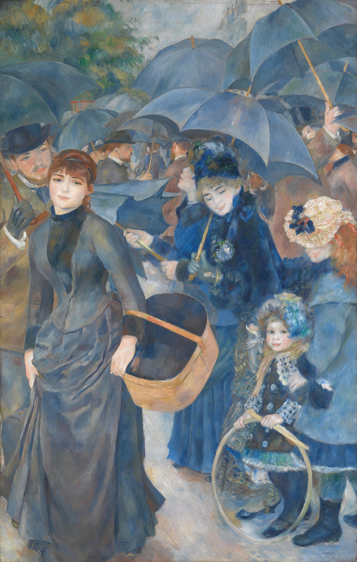 A crowd of Parisians under dark blue umbrellas on a street, with a young woman carrying a hatbox on the left and a mother and little girl with a hoop on the right. A crowd of Parisians under dark blue umbrellas on a street, with a young woman carrying a hatbox on the left and a mother and little girl with a hoop on the right.