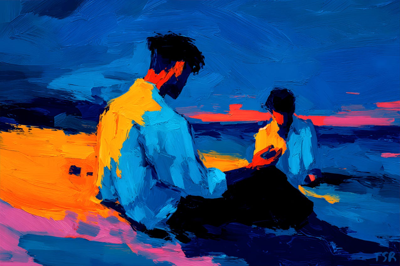 Painterly, vividly colored scene of two men sitting on a beach at sunset. Deep blues and warm oranges fill the sky and sand. One man studies something in his hand, while the other watches him closely, their focus and tension palpable.