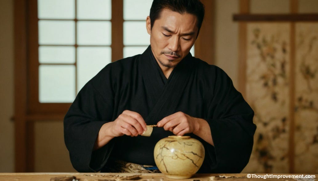 A kintsugi master repairing a broken vase.