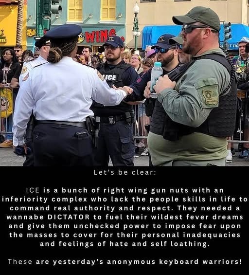May be an image of 4 people and text that says 'Well ER WINE JICE Let's be clear: ICEisa ICE bunch of right wing gun nuts with an inferiority complex who lack the people skills in life command real authority and respect. They needed a wannabe DICTATOR to fuel their wildest fever dreams and give them unchecked power to mpose fear upon the masses to cover for their personal inadequacies and feelings of hate and self loathing. to These are yesterday's anonymous keyboard warriors!'