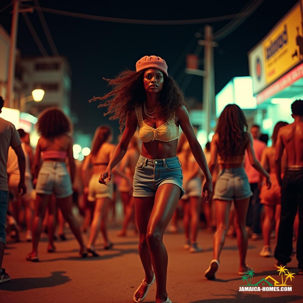 A lively street scene in Jamaica during a traditional sound system event.