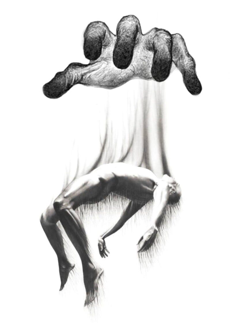 A giant hand holding a figure on strings.