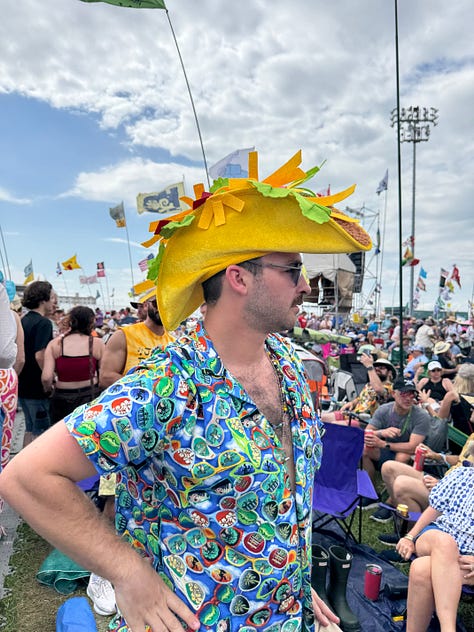 Photos of food-themed clothing worn at the New Orleans Jazz Festival 2025