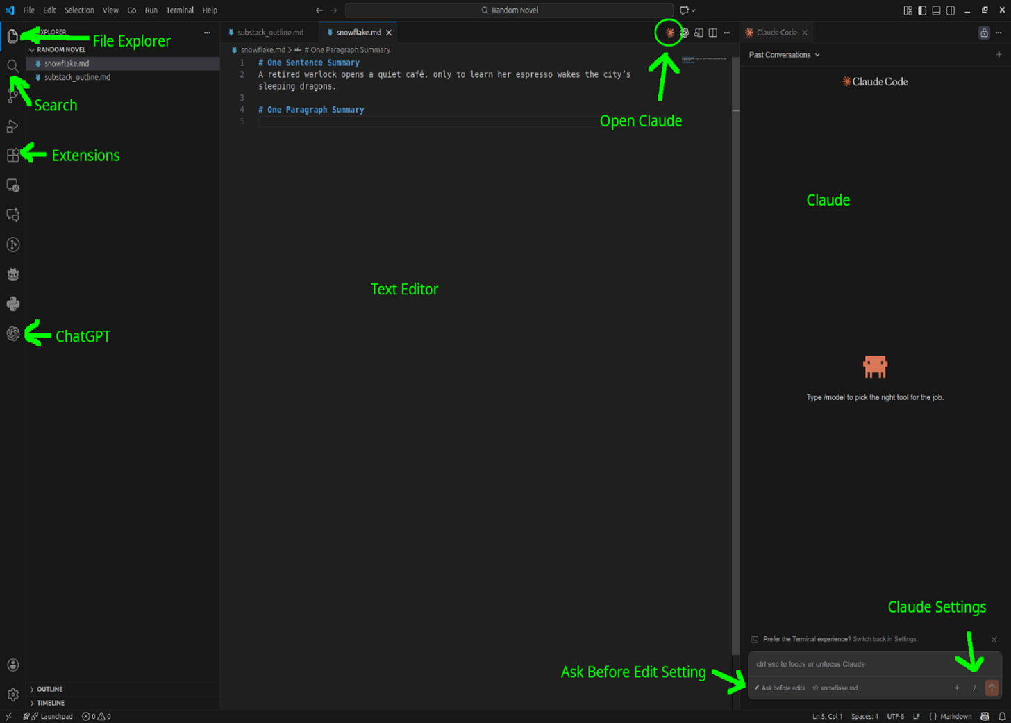VS Code layout with file explorer, document, and Claude