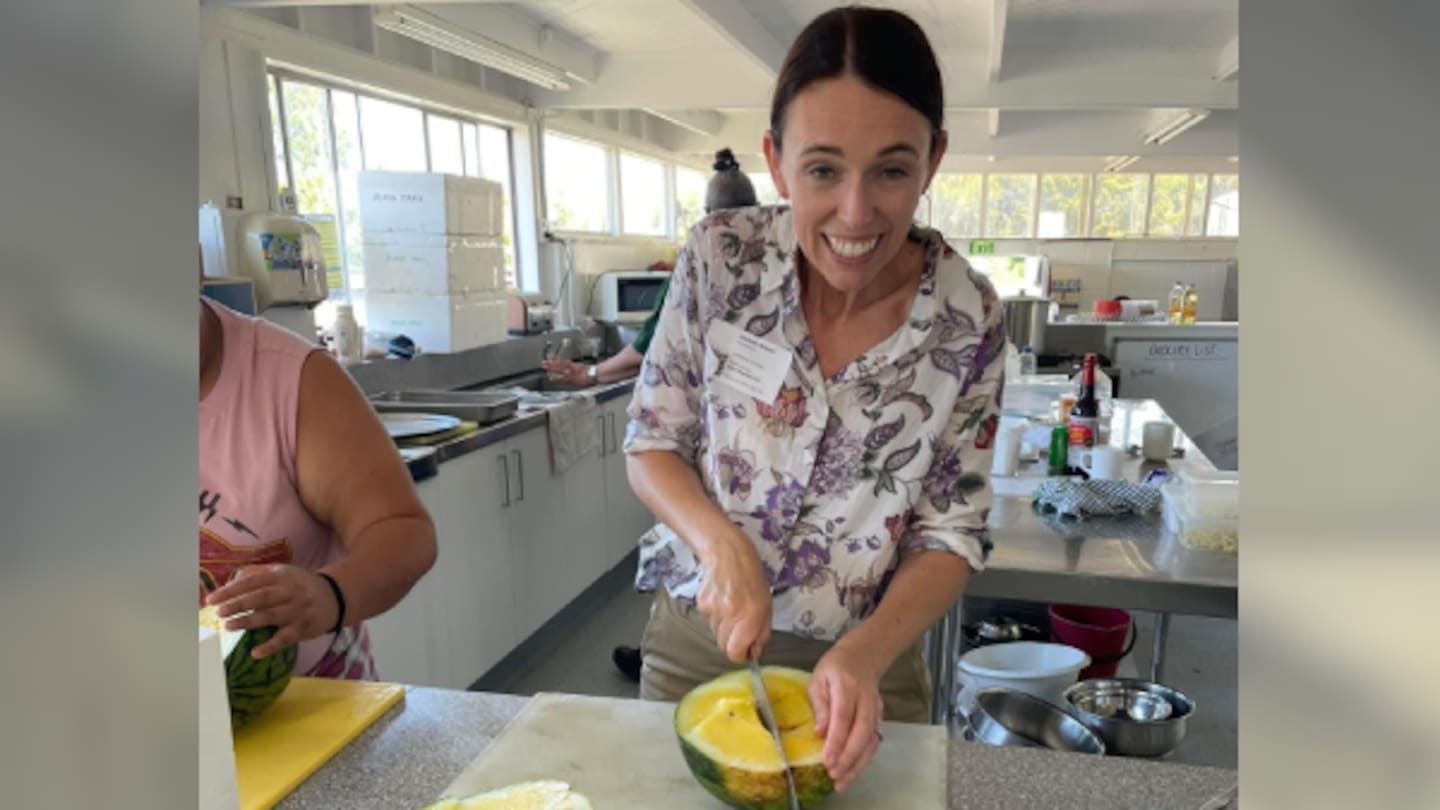 Former prime minister Jacinda Ardern helping to cut watermelons for food parcels at the Waipatu Marae in Napier in 2023. Former prime minister Jacinda Ardern helping to cut watermelons for food parcels at the Waipatu Marae in Napier in 2023.