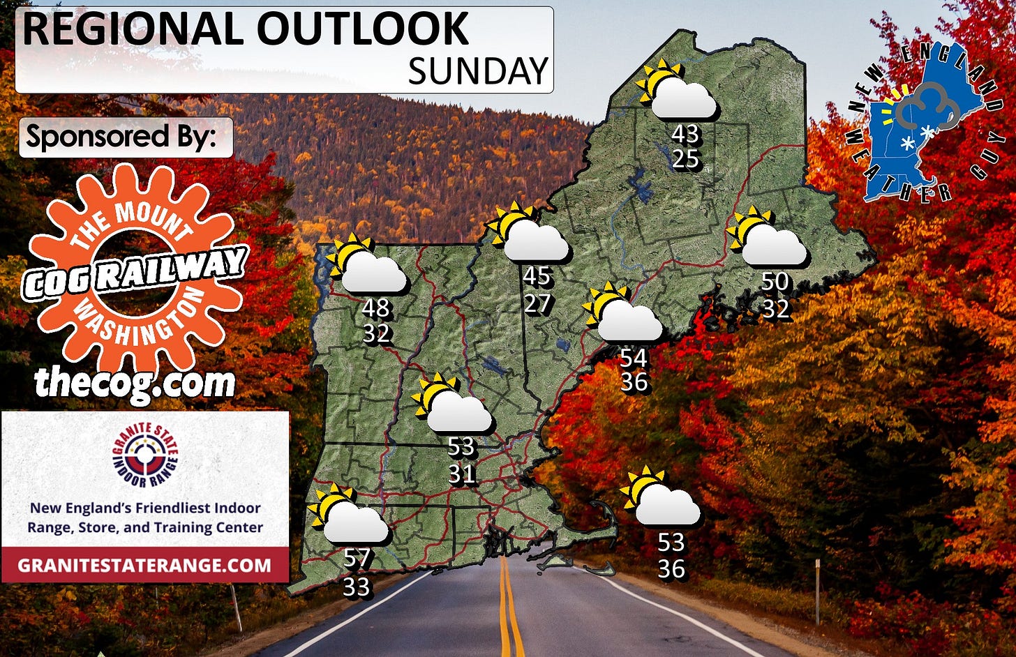 May be an image of map and text that says 'REGIONAL OUTLOOK SUNDAY Sponsored By: 43 25 ИE MOUNT GRAILWAY সকমাকেক্ি thecog.co com 48 32 45 27 50 32 54 36 New England's Friendliest Indoor Range, Store, and Training Center 53 31 GRANITESTATERANGE.COM 57 33 53 36 カブサスタペン'