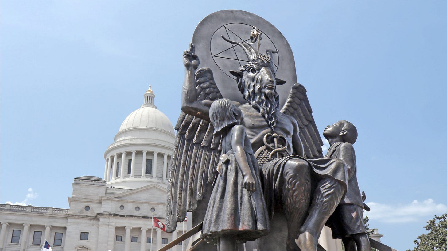 The Satanic Temple’s monument to Baphomet, which the group aimed to place near the state capitol building in Little Rock, Ark., is one of the moments captured in the documentary “Hail Satan?” (Photo courtesy of Magnolia Pictures.)