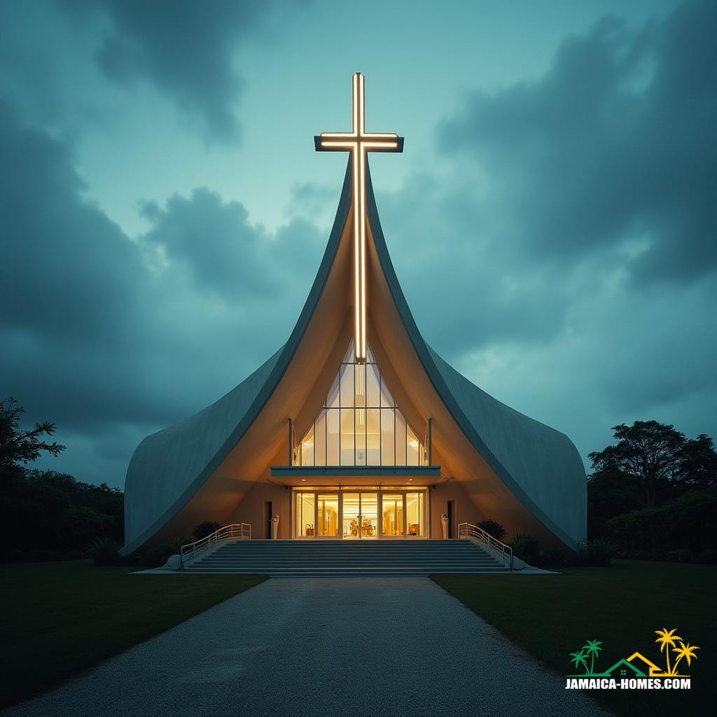 A modern church building in Jamaica, Caribbean, architecturally sculpted into the distinct shape of a Christian cross. Captured as a cinematic film still, shot on an Arri Alexa 65 camera with a 35mm lens. The image features subtle film grain, a gentle vignette, and professional color grading, bathed in dramatic, atmospheric cinematic lighting. The overall aesthetic is that of a high-quality, epic, and stunning masterpiece, with a palpable sense of realism and post-processing polish.