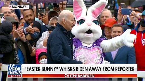 Biden whisked away by 'Easter bunny' while taking reporter questions Biden whisked away by 'Easter bunny' while taking reporter questions
